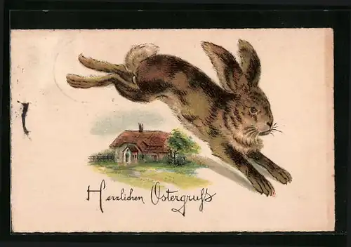 Künstler-AK Springender Hase mit Ostergrüssen