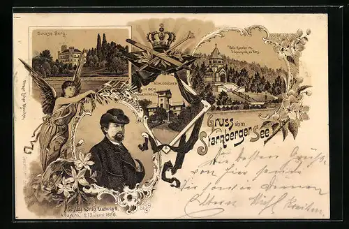 Lithographie Berg, Schloss Berg, Votiv-Kapelle im Schlosspark, König Ludwig II.