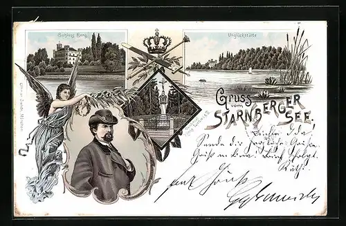 Lithographie Berg, Schloss, König Ludwig II., Unglücksstätte, Denkmal