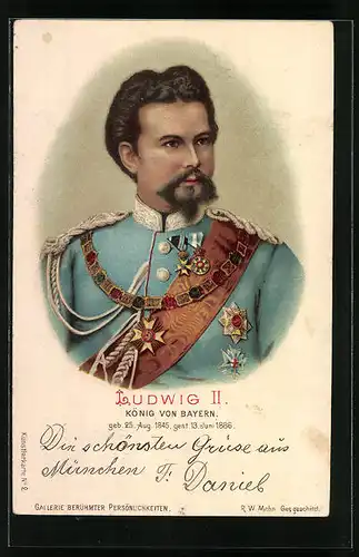 Lithographie König Ludwig II. in prächtiger Uniform mit Orden und Schärpe