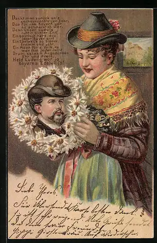 Künstler-AK Bayerin mit Portrait Ludwig II. im Edelweisskranz, Gedicht