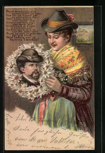 Künstler-AK Bayerin mit Portrait Ludwig II. im Edelweisskranz, Gedicht