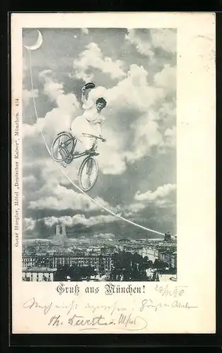 AK München, Fahrradfahrerin saust am vom Mond gespannten Seil in die Stadt hinunter