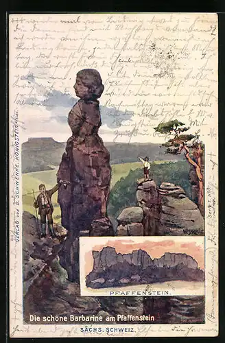 Künstler-AK Schwenke Ser. 1 Nr. 5: Die schöne Barbarine am Pfaffenstein, Berg mit Gesicht / Berggesichter