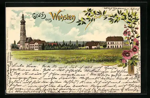 Lithographie Wehsten, Teilansicht mit Kirche