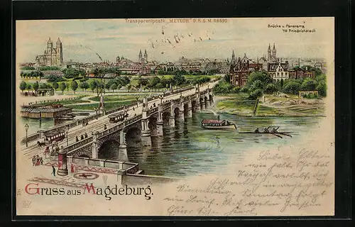 Lithographie Magdeburg, Panorama und Brücke mit Strassenbahn, Halt gegen das Licht
