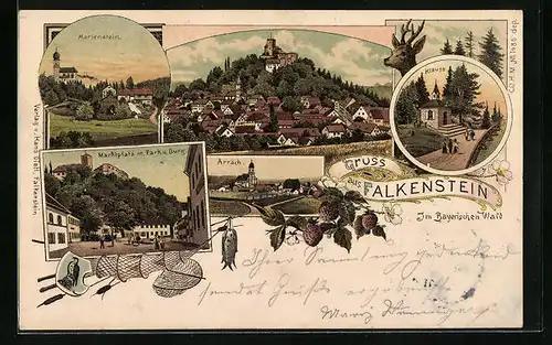 Lithographie Falkenstein im Bayerischen Wald, Klause, Marktplatz mit Park und Burg, Marienstein