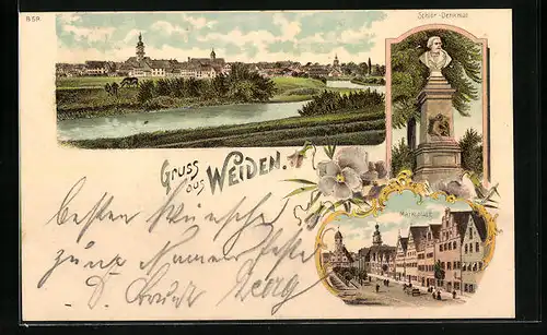 Lithographie Weiden, Teilansicht, Marktplatz, Schlör-Denkmal
