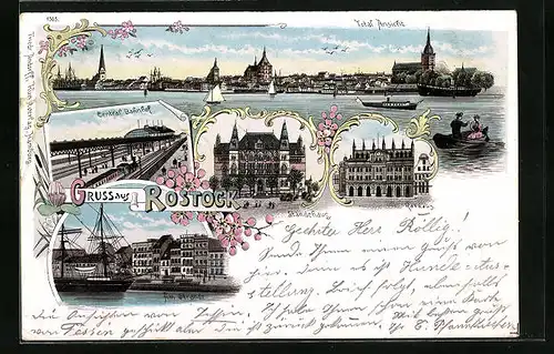 Lithographie Rostock, Central-Bahnhof. Ständehaus, Rathaus