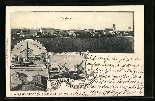 AK Manching, Totalansicht, Gebr. Krauss-Kunstmühle, Förster Kunst-Mühle
