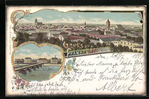 Lithographie Frankfurt a. Oder, Teilansicht, Uferpartie mit Brücke