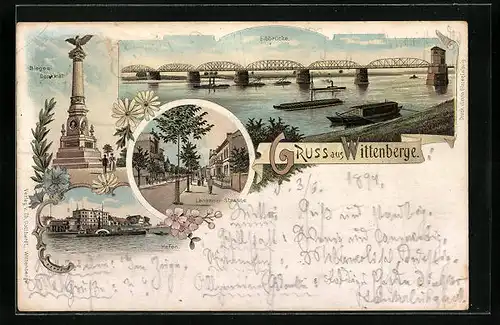 Lithographie Wittenberge, Elbbrücke, Hafen, Sieges-Denkmal