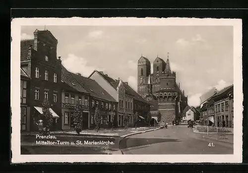 AK Prenzlau, Mitteltor-Turm und St. Marienkirche