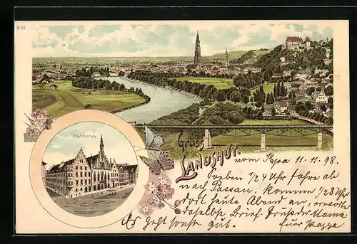 Lithographie Landshut, Teilansicht mit Brücke, Rathaus