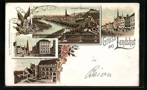 Lithographie Landshut, Totalansicht, Strassenpartie mit Gebäudeansicht, Ortspartie