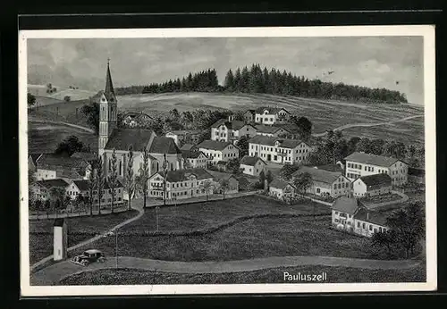 Künstler-AK Pauluszell, Teilansicht mit Kirche