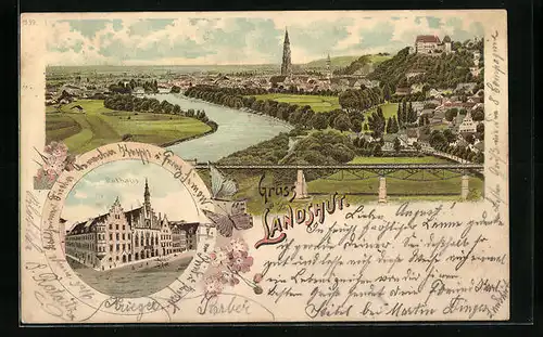 Lithographie Landshut, Teilansicht mit Brücke, Rathaus