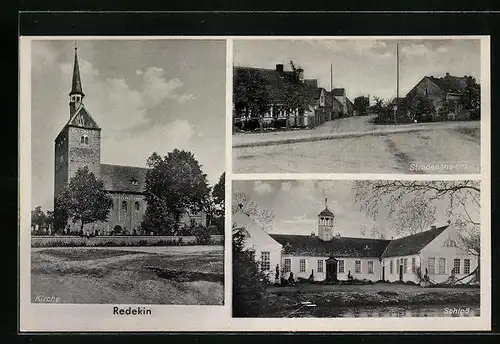 AK Redekin, Schloss, Kirche, Strassenansicht