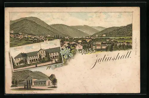 Lithographie Bad Harzburg, Kurhotel Juliushall mit Badehaus
