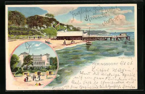Lithographie Heringsdorf, Kurhaus, Strandpartie im Herrenbad