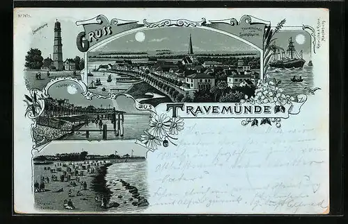Mondschein-Lithographie Travemünde, Leuchtturm, Vorderreihe, Strandpartie