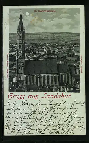 Mondschein-Lithographie Landshut, Totalansicht mit St. Martinsturm