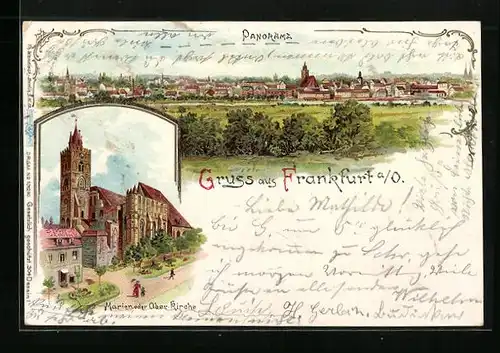 Lithographie Frankfurt /Oder, Panorama, Marien- oder Oberkirche