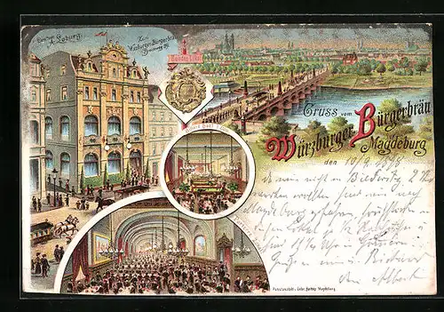 Lithographie Magdeburg, Ortsansicht mit Würzburger-Bürgerbräu