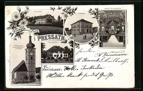 Lithographie Pressath, Schulhaus, Pfarrhof mit Pfarrkirche