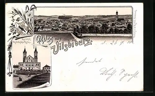 Lithographie Vilsbiburg, Ortsansicht mit Mariahilfs-Kirche