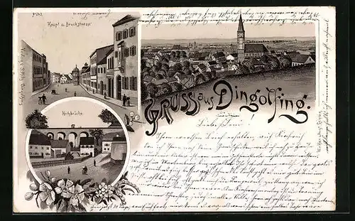 Lithographie Dingolfing, Ortsansicht mit Kirche und Bruckstrasse