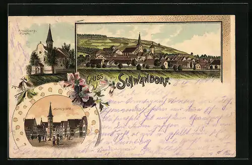 Lithographie Schwandorf, Totalansicht mit Kreuzberg-Kirche