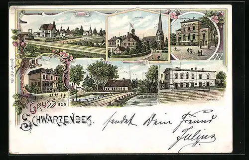 Lithographie Schwarzenbek, Kirche, Sparkasse und Bahnhof