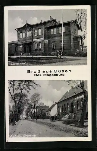 AK Güsen /Magdeburg, Reichsbahnhof mit Reichspost