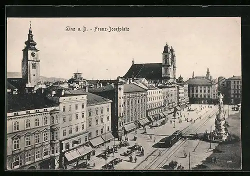 AK Linz a. d. Donau, Brunnen und Strassenbahn auf dem Franz-Josefplatz