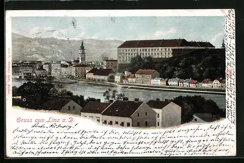 AK Linz a. d. Donau, Blick über die Donau auf die Stadt
