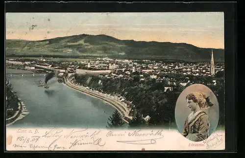AK Linz a. d. Donau, Stadttotale, Linzerin im Trachtenkleid