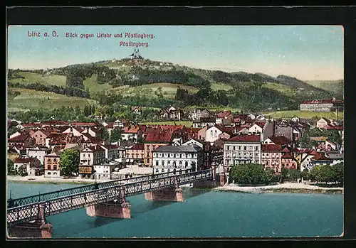 AK Linz a. d. Donau, Blick gegen Urfahr und Pöstlingberg