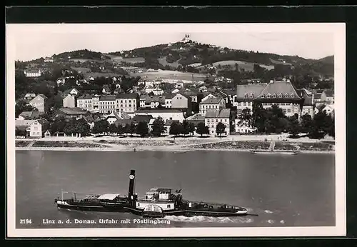 AK Linz a. d. Donau, Pöstlingberg mit urfahr und einem Ausflugsdampfer im Vordergrund