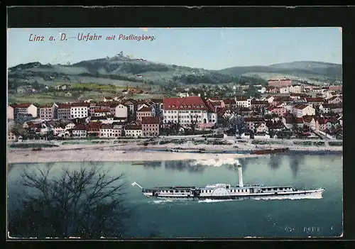 AK Linz a. d. Donau, Urfahr und Pöstlingberg, ein Ausflugsdampfer auf der Donau