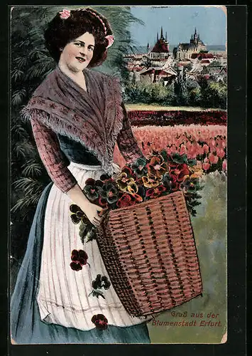 AK Erfurt, Generalansicht, Magd in Tracht mit Korb voller Blumen