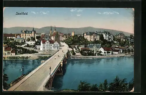 AK Saalfeld a. Saale, Blick über die Brücke in die Stadt