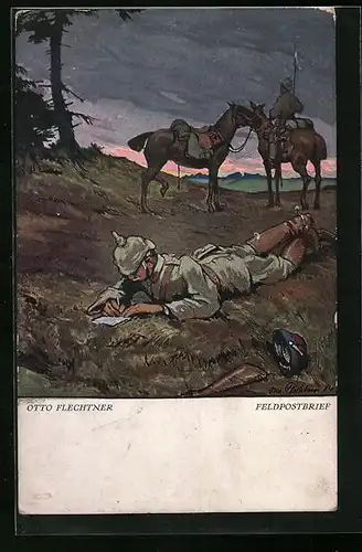 Künstler-AK Soldat auf der Wiese beim schreiben der Feldpost