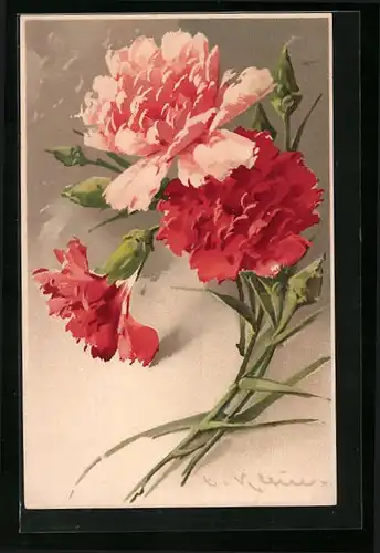 Künstler-AK Catharina Klein: Blumen in voller Pracht in rot und rosa