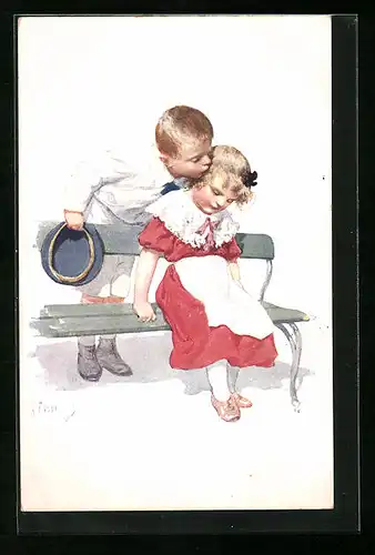 Künstler-AK Karl Feiertag: Junge küsst ein Mädchen auf einer Bank