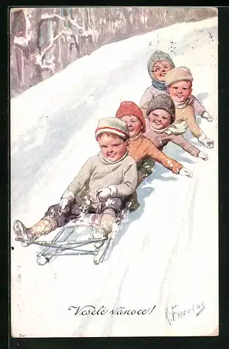 Künstler-AK Karl Feiertag: Kinder fahren mit dem Schlitten den Berg hinab