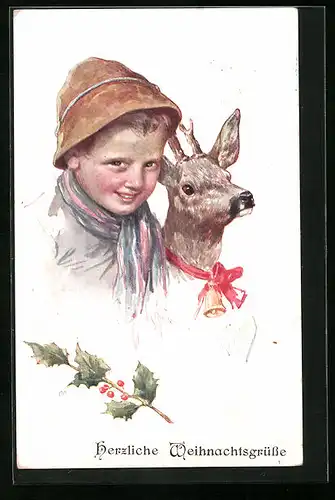 Künstler-AK Karl Feiertag: Junge mit einem jungen Hirsch, Weihnachtsgrüsse