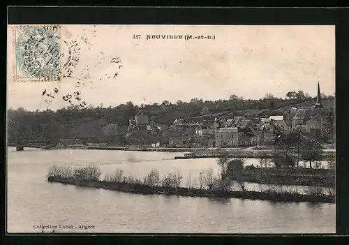 AK Neuville, Blick auf die Siedlung am Flussufer