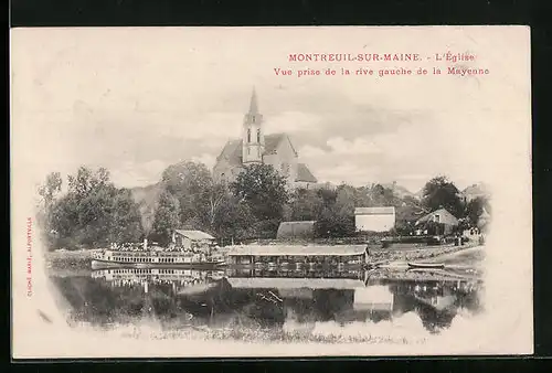 AK Montreuil-sur-Maine, L`Eglise, Vue prise de la rive gauche de la Mayenne