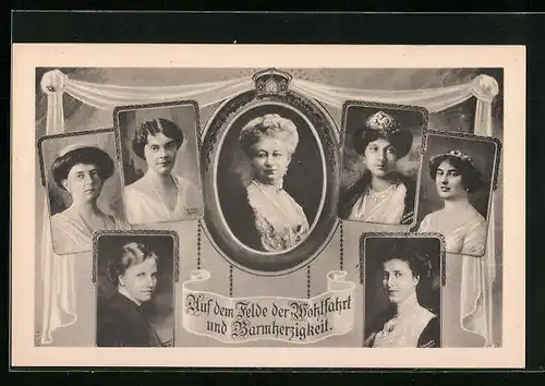 Klapp-AK Kaiserin Auguste Victoria Königin von Preussen, Portrait der gealterten Monarchin, Portraits junger Damen